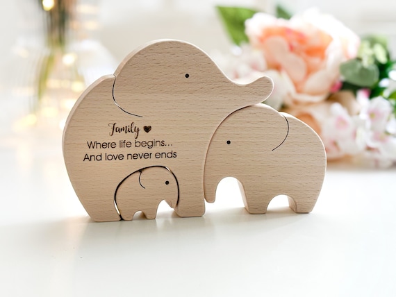 Pregnancy gift for first time moms . Wooden elephant puzzle - parents to be family keepsake