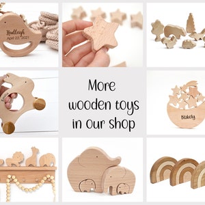May include: A collection of personalized wooden toys for babies and toddlers, including a star, a stacking toy, a pull toy, a teether, a rainbow arch, and a set of animal figures. The toys are all made of natural wood and are perfect for stimulating a child's imagination and creativity.