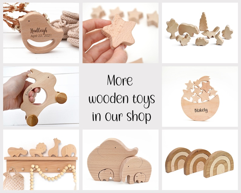 May include: A collection of personalized wooden toys for babies and toddlers, including a star, a stacking toy, a pull toy, a teether, a rainbow arch, and a set of animal figures. The toys are all made of natural wood and are perfect for stimulating a child's imagination and creativity.
