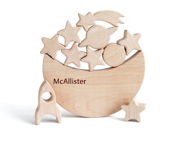 Natural Beech Wood Space Stacking Toy, Personalized Crescent Moon Balance Game, Nursery Decor