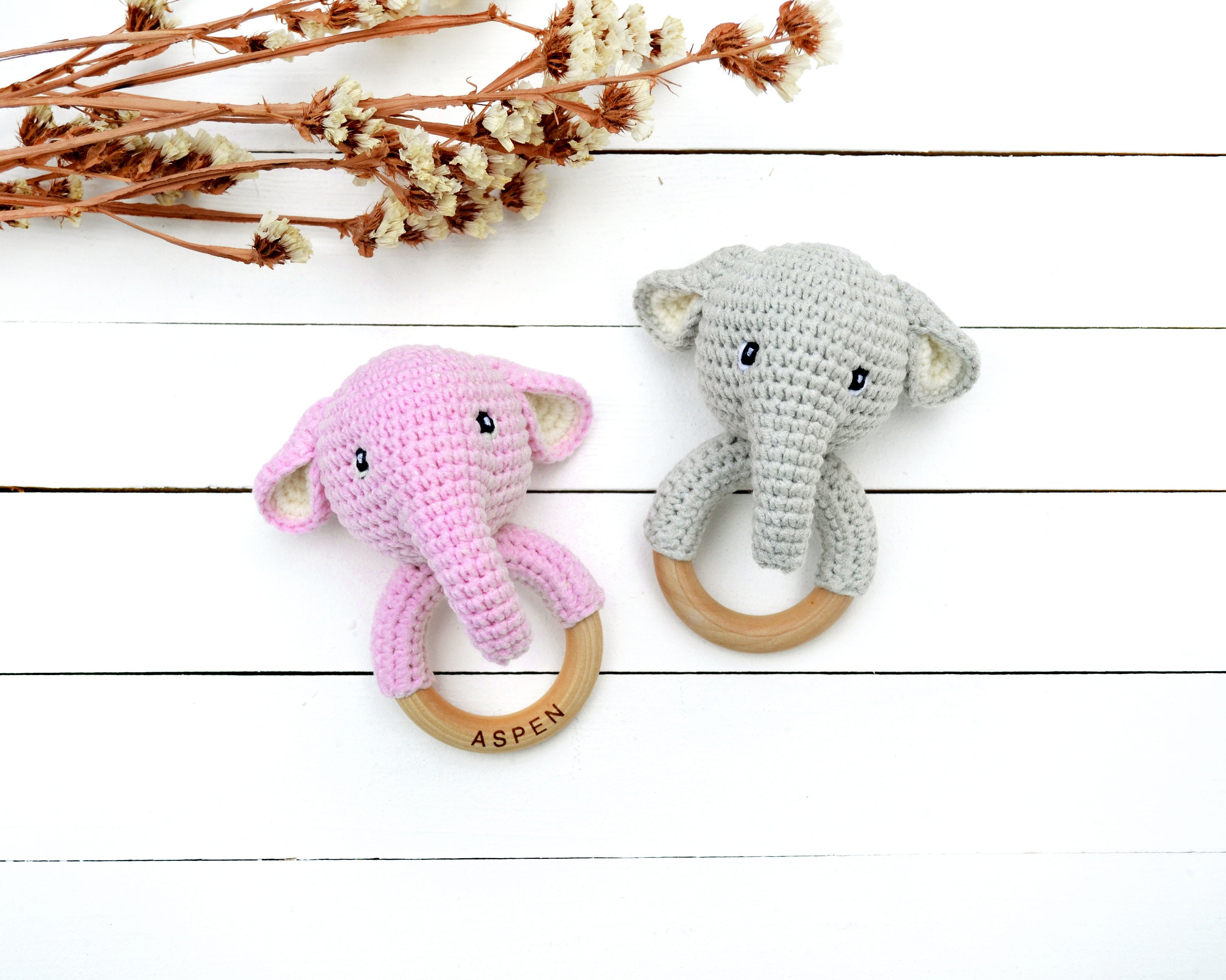 Elephant Baby Rattle Toy Personalized Gender Neutral Baby Etsy