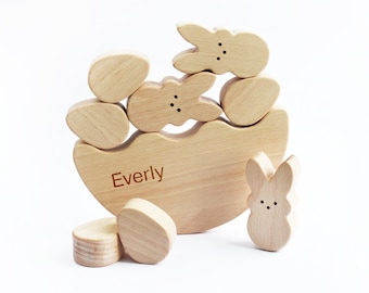 Easter bunny and eggs wooden stacking toy . Personalized wooden Easter toys for toddlers . Easter basket stuffers