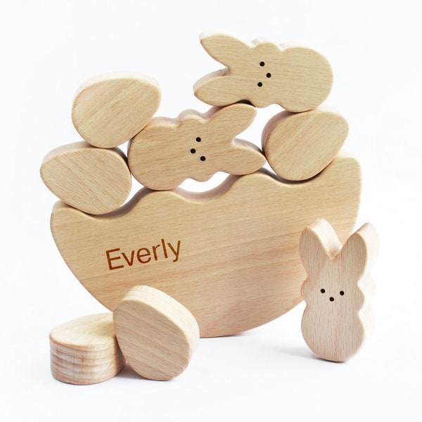 Easter bunny and eggs wooden stacking toy . Personalized wooden Easter toys for toddlers . Easter basket stuffers