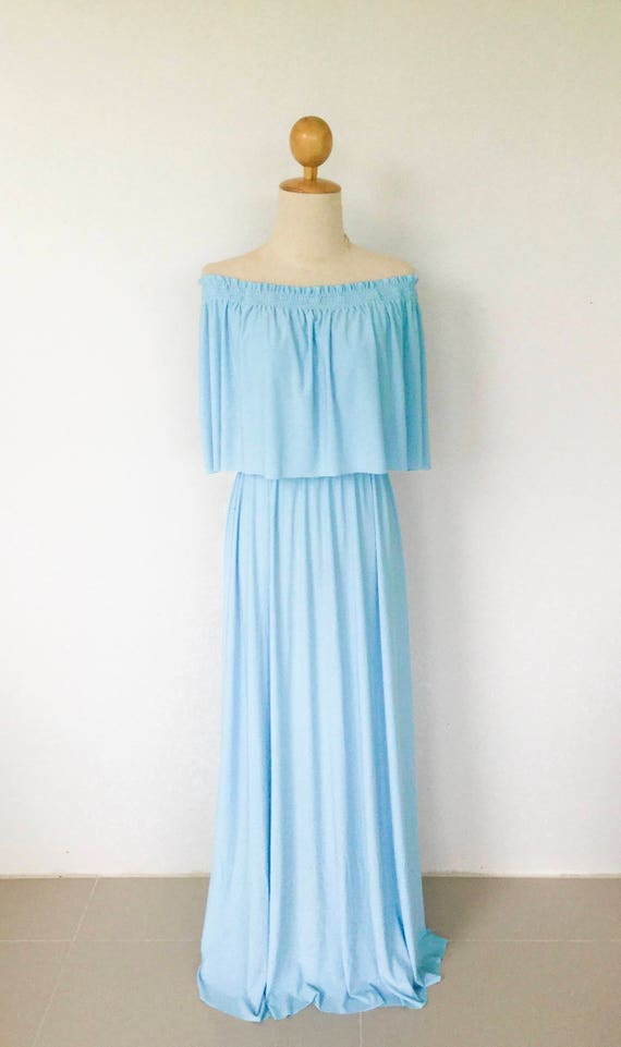 light blue off the shoulder bridesmaid dress