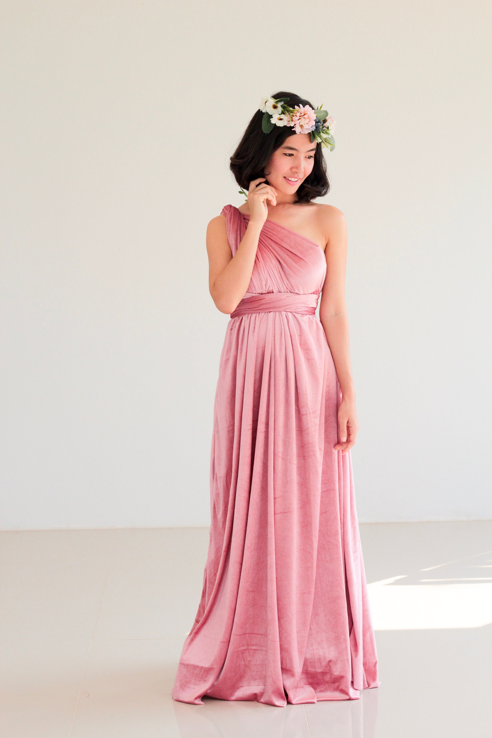 pink velvet bridesmaid dress