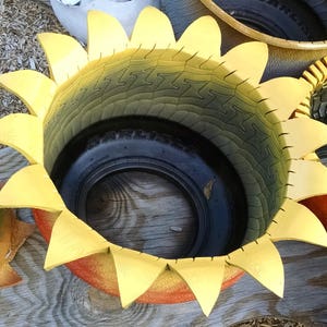 Re-Tired Green Orange Yellow 16&quot; Planter Repurposed Upcycled gift yard art garden decor unique pottery container flower pot urban patio