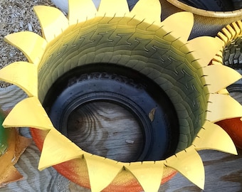 Re-Tired Green Orange Yellow 16" Planter Repurposed Upcycled gift yard art garden decor unique pottery container flower pot urban patio