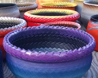 Re-Tired Turquoise Royal Purple 16" Art Planter Repurposed Upcycled gift rubber yard  decor unique indoor pottery container flower pot patio
