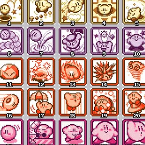 Könnte beinhalten: Ein Raster von 25 pixeligen Karten mit verschiedenen Darstellungen einer rosa Figur. Jede Karte hat ein einzigartiges Design mit nummeriertem Rand. Die Farbpalette umfasst Rosa-, Orange-, Lila- und Brauntöne.