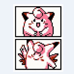 Könnte beinhalten: Ein rosa Pokémon-Charakter mit einem überraschten Ausdruck, gezeigt in zwei verschiedenen Posen. Der Charakter ist bekannt als Jigglypuff.