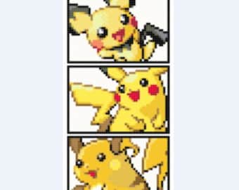 Pichu, Pikachu, Raichu Pokemon Cross Stitch Pattern