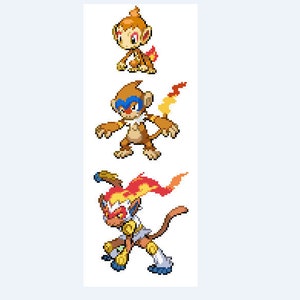 May include: Three different stages of a fire monkey Pokemon. The first stage is a small, brown monkey with a flame on its head. The second stage is a larger, brown monkey with a blue mask and a flame on its tail. The third stage is a large, brown monkey with a red and yellow flame on its head and tail.