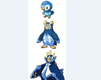 Piplup, Prinplup, Empoleon Evolution Sprites Cross Stitch Pattern