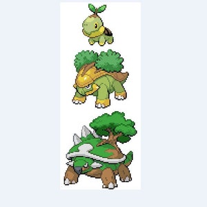 May include: Three different stages of a green and brown turtle Pokemon. The first stage is a small turtle with a green shell and a single leaf on its head. The second stage is a larger turtle with a brown shell and a green leafy head. The third stage is the largest turtle with a brown shell and a large green leafy head.