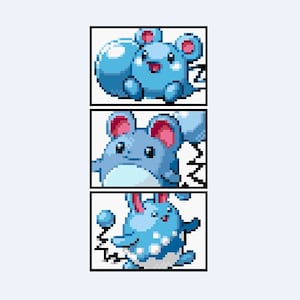 May include: Three pixel art images of a blue creature with large ears and a round body. The creature has pink accents and a tail. Each image shows a different pose of the creature, with a ball-like object floating near it.