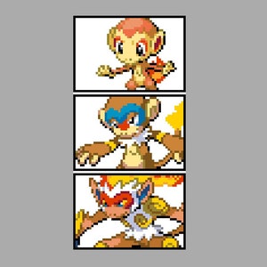 May include: Three pixelated images of monkey-like creatures in a vertical arrangement. The top image shows a small, orange monkey with a flame. The middle image depicts a monkey with a blue mask. The bottom image shows a monkey with a fiery head.