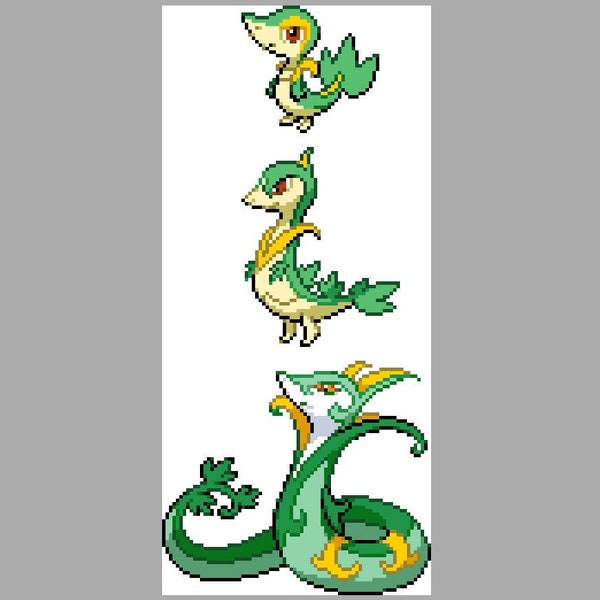 Snivy, Servine, Serperior Evolution Sprites Cross Stitch Pattern