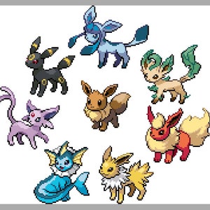 Peut inclure: Une collection de huit personnages Pokémon différents, dont Évoli, Aquali, Voltali, Pyroli, Psykokwak, Noctali, Phyllali et Glaçali. Les Pokémon sont tous dans leurs formes évoluées et sont représentés dans un style pixélisé.