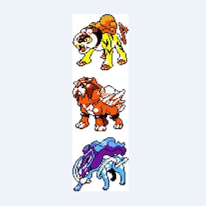 Könnte beinhalten: Drei Pixel-Art-Pokémon-Charaktere. Das erste ist ein gelbes und oranges, löwenartiges Pokémon mit einer Mähne. Das zweite ist ein braunes und oranges, hundeartiges Pokémon mit Flügeln. Das dritte ist ein blaues und violettes Pokémon mit einem langen Schwanz und einer Mähne.
