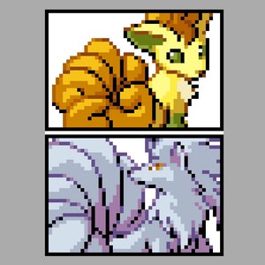 Peut inclure: Une image pixélisée de deux Pokémon, Évoli et Aquali. Évoli est un Pokémon ressemblant à un renard brun et jaune avec une queue brune. Aquali est un Pokémon bleu et violet avec une longue queue flottante.