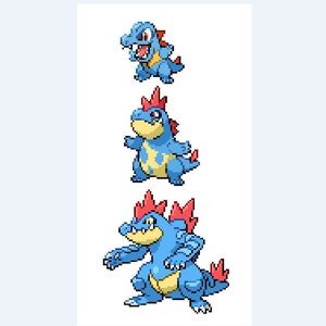 Totodile, Croconaw, Feraligatr Evolution Sprites Cross Stitch Pattern