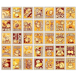 May include: A collection of 36 pixel art images featuring Kirby, a pink video game character, performing various actions. Each image is set against a yellow background with a red border and features a different action name in white text.