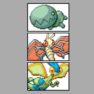 Może przedstawiać: Trzy ilustracje pikselowe Pokemonów. Pierwszy to zielony i biały Pokemon z jednym okiem. Drugi to jasnobrązowy Pokemon z pomarańczowymi skrzydłami. Trzeci to zielony i niebieski Pokemon z żółtymi skrzydłami.
