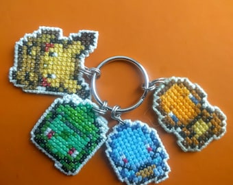 UPDATED with instructions! FOUR Cross Stitch Patterns Kanto Starter Pokemon Double-Sided for DIY Keychains