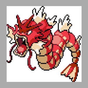 Pode incluir: Uma ilustração em pixel art de uma criatura serpentina com corpo vermelho, ventre bege e barbatanas dorsais brancas. A criatura tem a boca aberta mostrando os dentes, longos bigodes vermelhos e uma estrutura em forma de coroa na cabeça.