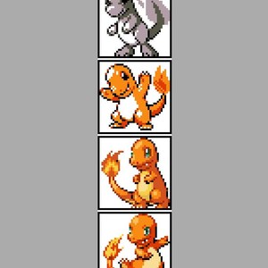 May include: A vertical image showing four pixelated Pokémon characters. The top one is grey with a white tail. The other three are orange with flames. Each character is in a white box against a grey background.