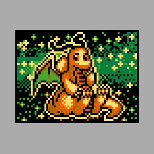 May include: Pixel art illustration of a brown creature with a yellow crown sitting on a green background with yellow stars.