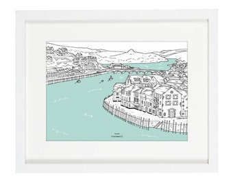 Looe Harbour Print | Cornwall Print | Cornwall Illustration | Coastal Prints | Nautical Prints | Coastal Art | Architectural Print