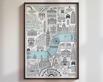 London City Map | Hand Drawn London Map | London Print | Birthday Gift | Graduation Gift
