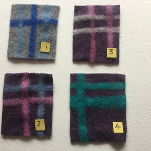 May include: Four fabric swatches with different plaid patterns. The swatches are labeled 1, 2, 3, and 4.