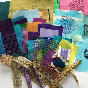 Pfauenmotiv Slow Stitch Kit/ Collage Kit/ Stickerei oder Applikation Kit/ Journaling Tuch Ephemera