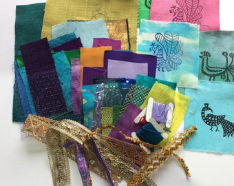 Peacock themed slow stitch kit/collage kit/embroidery or appliqué kit/ journaling cloth ephemera