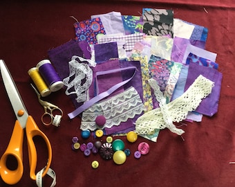 Slow stitch kit/ collage kit/fabric scraps/embellisher kit/ junk journal bundle