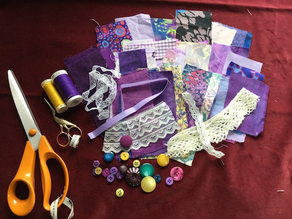 Slow stitch kit/ collage kit/fabric scraps/embellisher kit/ junk journal bundle