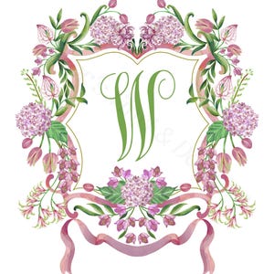 Custom Watercolor Wedding Crest PNG – Personalized Floral Monogram Logo, Pink and Green Initials, Digital Crest for Invitations & Decor