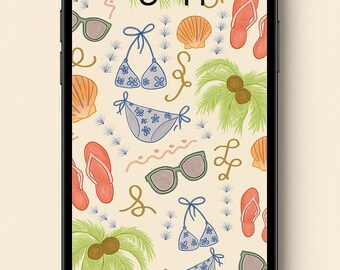 Beach Vibes Digital Pattern | Summer Seamless Background | Bikini, Flip-Flop, Sunglasses & Tropical Art