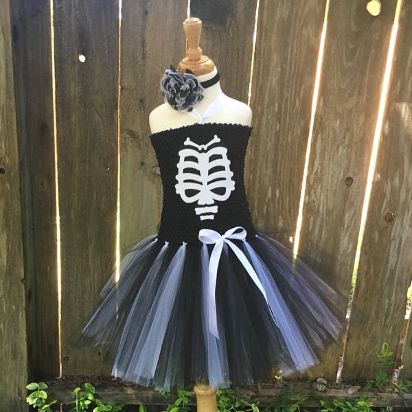 Skeleton costume - girls tutu costume -  halloween costume - skeleton dress - skeleton halloween costume - white and black tutu - bone dress