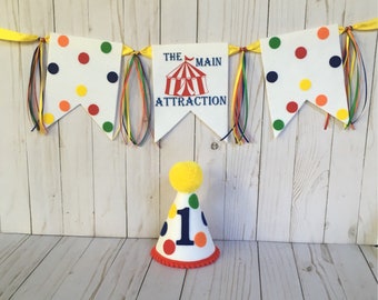 Circus theme first birthday - First birthday hat, banner, cake topper - boys 1st birthday hat - first birthday - boys high chair banner