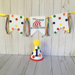 Circus theme first birthday - First birthday hat, banner, cake topper - boys 1st birthday hat - first birthday - boys high chair banner