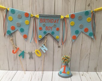 Chapéu de aniversário para meninos, cadeira alta, topo de bolo - chapéu de festa de 1º aniversário para meninos - chapéu de primeiro aniversário - faixa para meninos - faixa de feliz aniversário