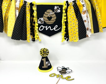 Fun to bee one high chair banner - bumble bee birthday banner hat cake topper - boys or girls birthday - bee cake topper - first birthday