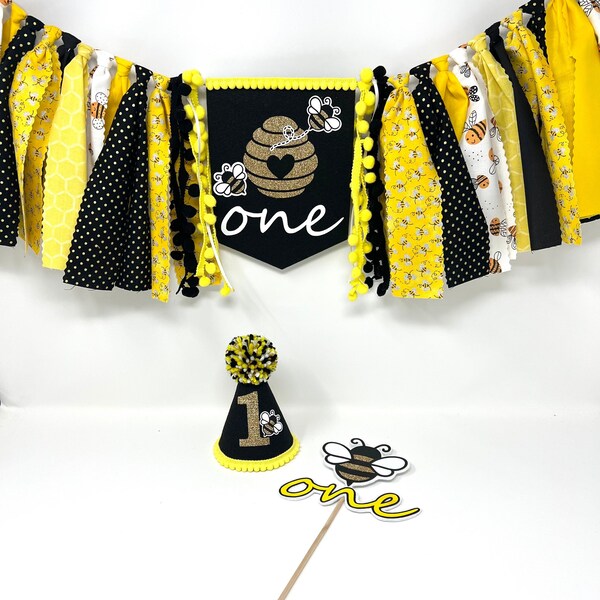 Fun to bee one high chair banner - bumble bee birthday banner hat cake topper - boys or girls birthday - bee cake topper - first birthday