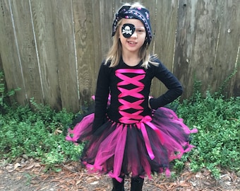 Roze piratenkostuum - piratenkostuum - piratenjurk - tutu-jurk - halloweenkostuum - felroze en zwarte tutu - tutu-jurk - meisjes verkleden