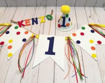 First birthday hat, banner, cake topper - boys 1st birthday party hat - first birthday hat - boys high chair banner - mini birthday hat