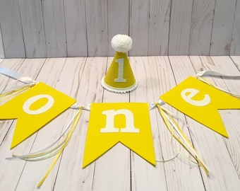 1st birthday hat and banner - first birthday hat - boys girls high chair banner - yellow and white hat and banner - yellow birthday hat