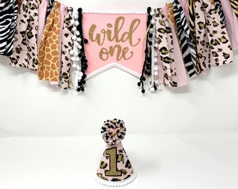 Girls animal print high chair banner - pink jungle banner - wild one - cheetah tiger zebra giraffe first birthday - girls first birthday hat